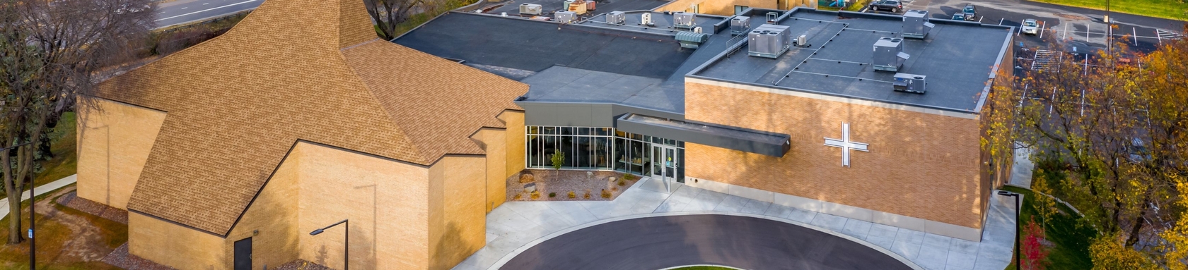 An aerial view of the front of Cross View.